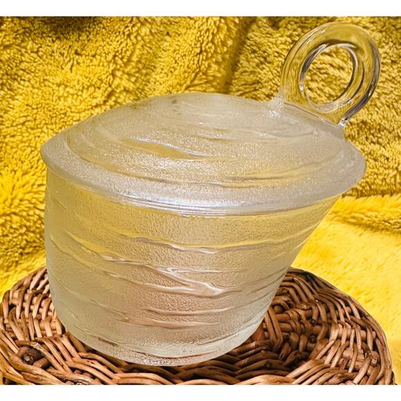 MCM Mid Century Birch Wood Patterned Glass Sugar container with Lid home decor - Picture 2 of 8